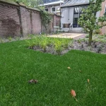 Strak aangelegde tuin met betegeld looppad